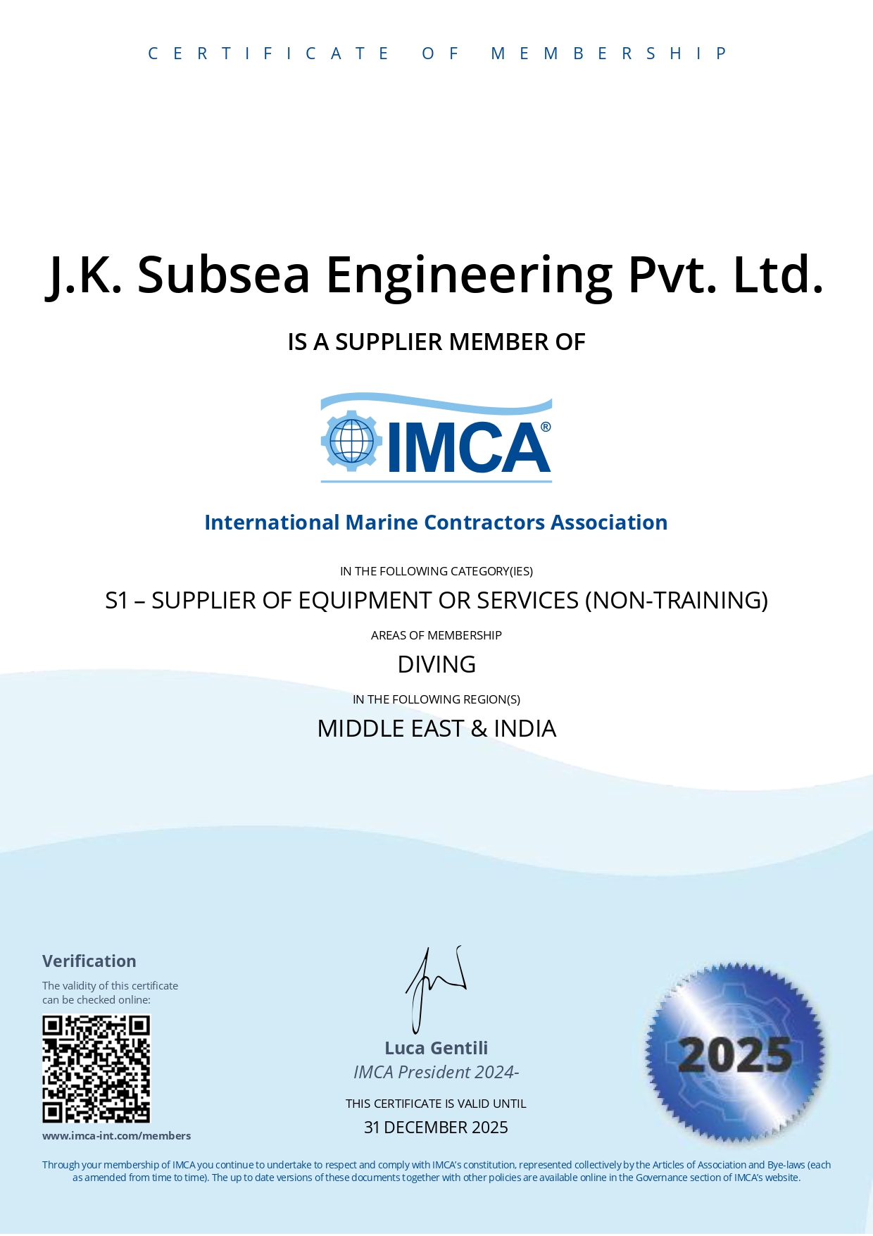 IMCA Membership Certificate
